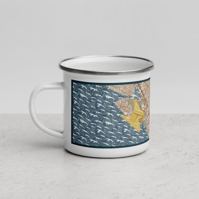 Left View Custom San Leandro California Map Enamel Mug in Woodblock