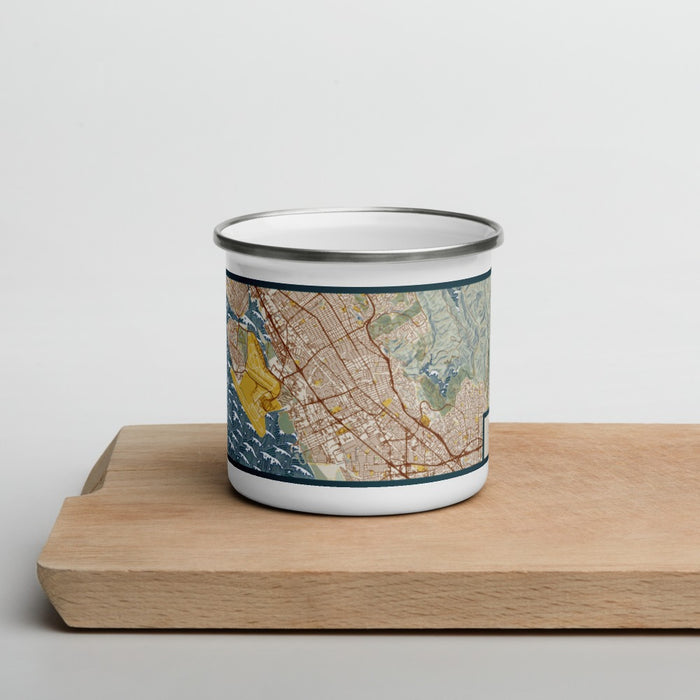 Front View Custom San Leandro California Map Enamel Mug in Woodblock on Cutting Board