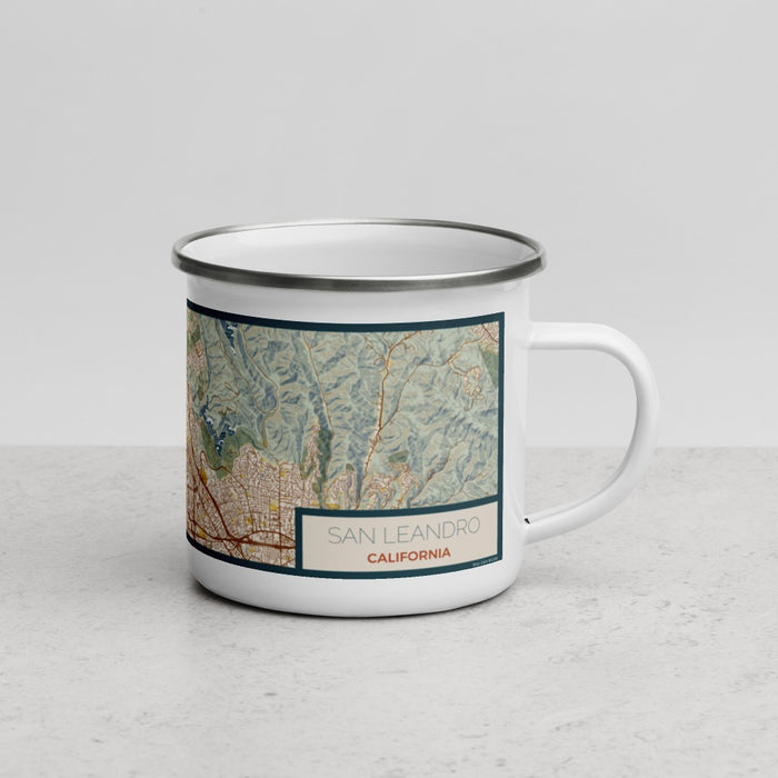 Right View Custom San Leandro California Map Enamel Mug in Woodblock