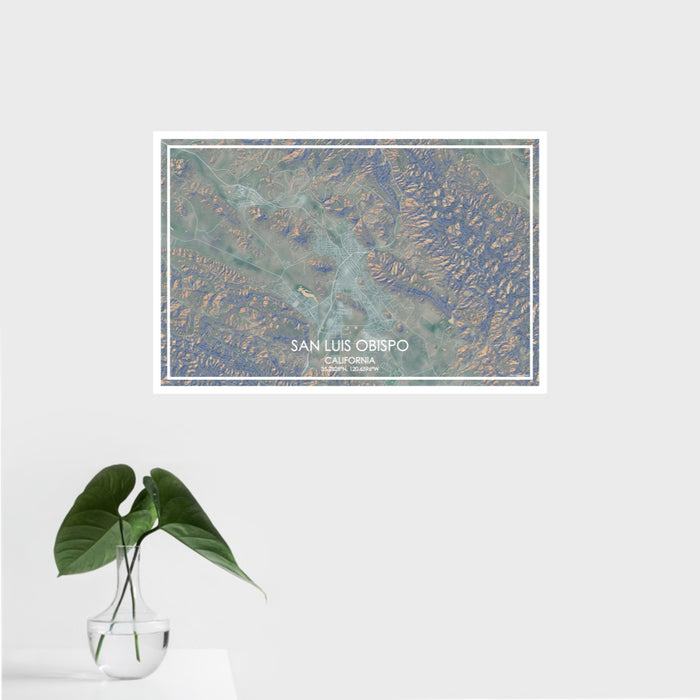 16x24 San Luis Obispo California Map Print Landscape Orientation in Afternoon Style With Tropical Plant Leaves in Water