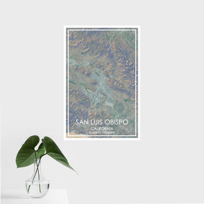 16x24 San Luis Obispo California Map Print Portrait Orientation in Afternoon Style With Tropical Plant Leaves in Water