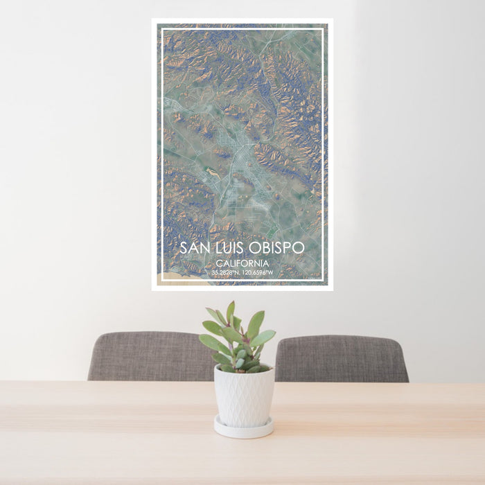 24x36 San Luis Obispo California Map Print Portrait Orientation in Afternoon Style Behind 2 Chairs Table and Potted Plant