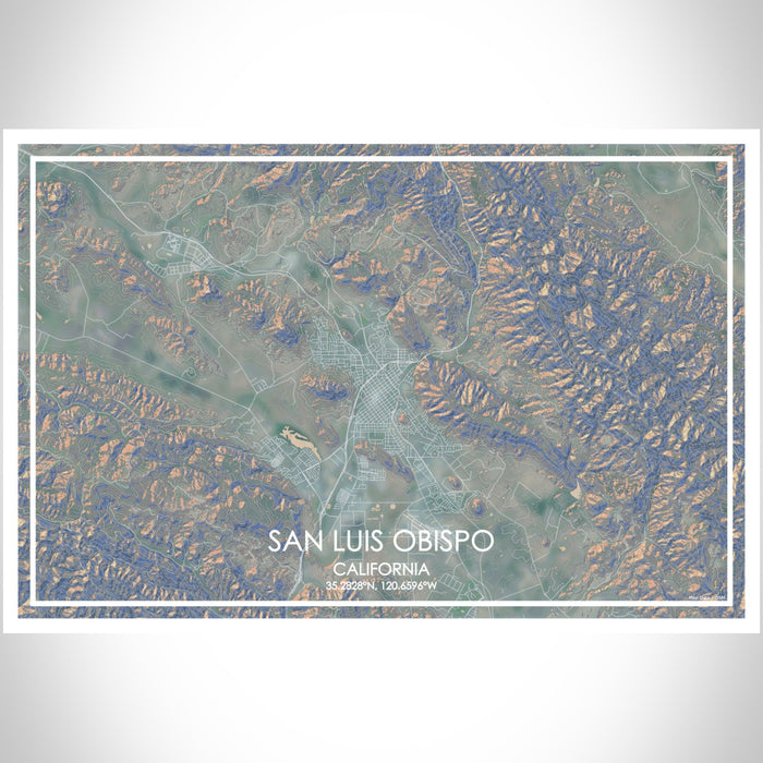 San Luis Obispo California Map Print Landscape Orientation in Afternoon Style With Shaded Background