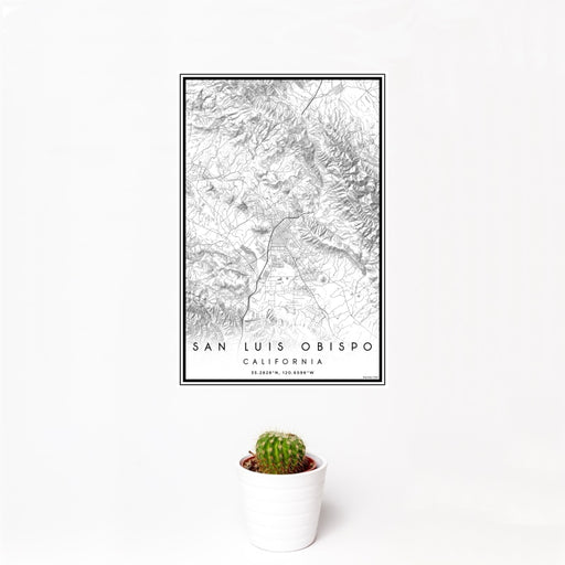 12x18 San Luis Obispo California Map Print Portrait Orientation in Classic Style With Small Cactus Plant in White Planter