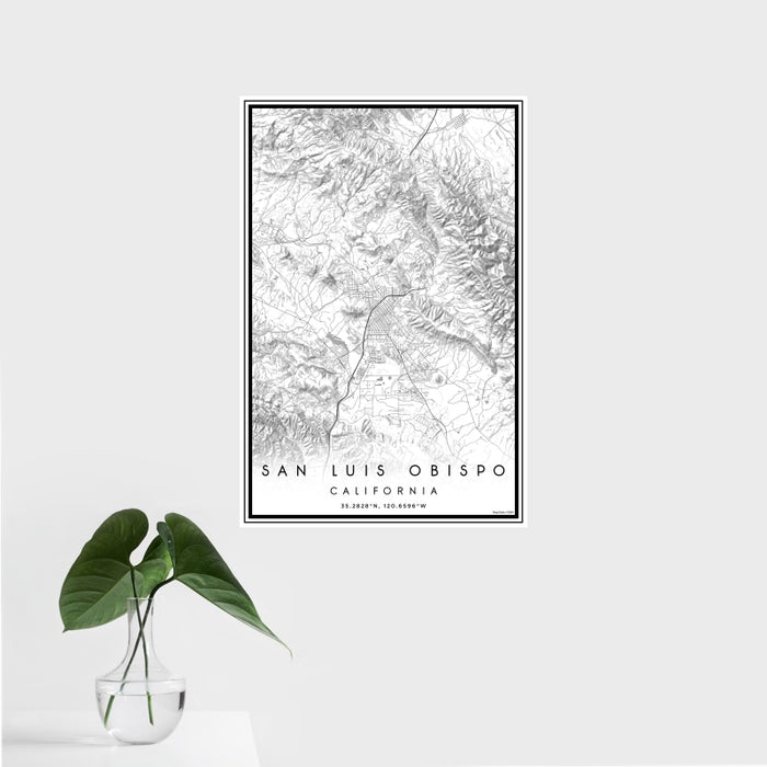 16x24 San Luis Obispo California Map Print Portrait Orientation in Classic Style With Tropical Plant Leaves in Water