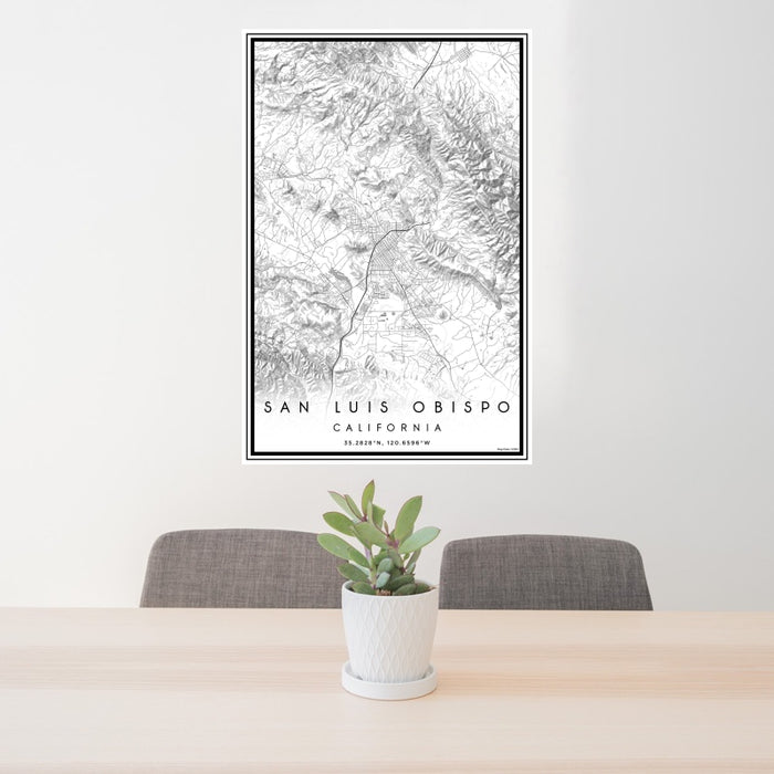 24x36 San Luis Obispo California Map Print Portrait Orientation in Classic Style Behind 2 Chairs Table and Potted Plant