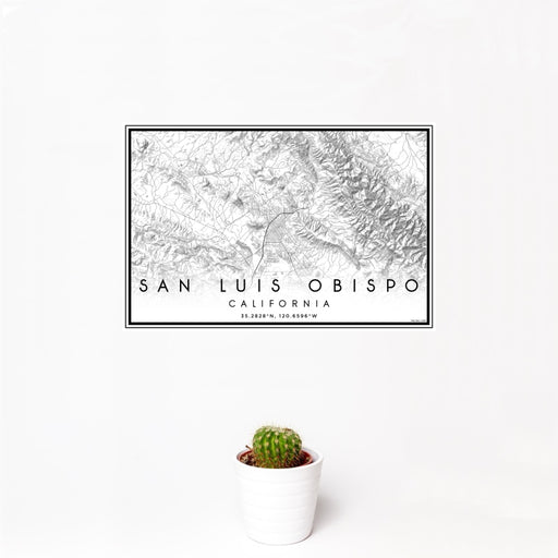 12x18 San Luis Obispo California Map Print Landscape Orientation in Classic Style With Small Cactus Plant in White Planter