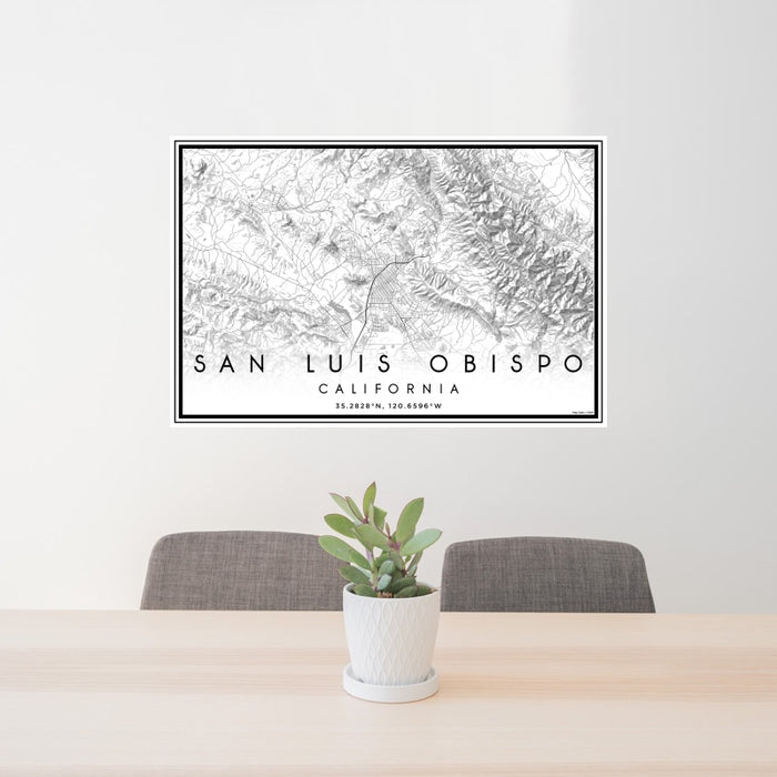 24x36 San Luis Obispo California Map Print Landscape Orientation in Classic Style Behind 2 Chairs Table and Potted Plant