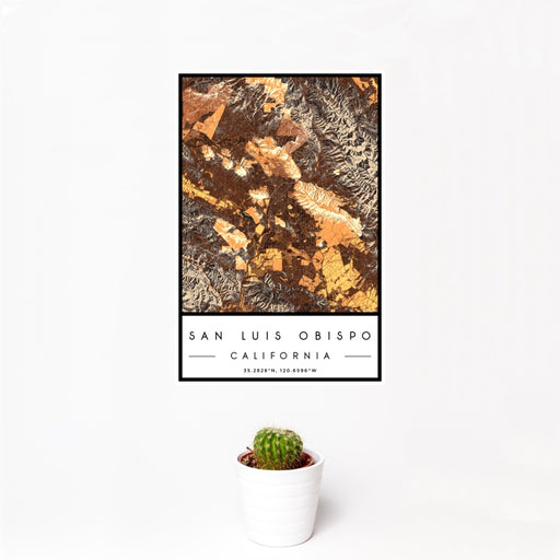 12x18 San Luis Obispo California Map Print Portrait Orientation in Ember Style With Small Cactus Plant in White Planter