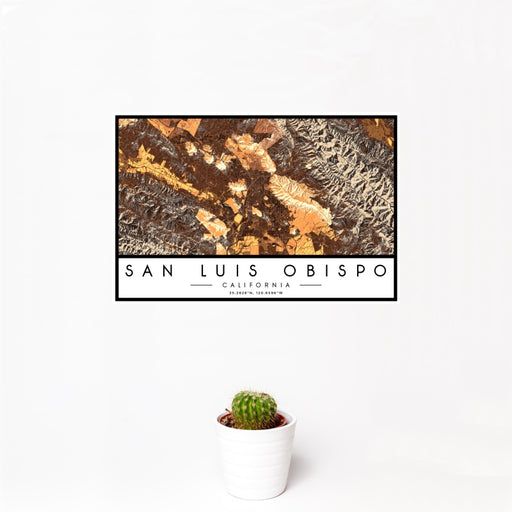 12x18 San Luis Obispo California Map Print Landscape Orientation in Ember Style With Small Cactus Plant in White Planter
