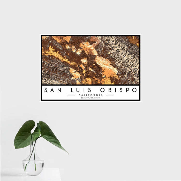16x24 San Luis Obispo California Map Print Landscape Orientation in Ember Style With Tropical Plant Leaves in Water