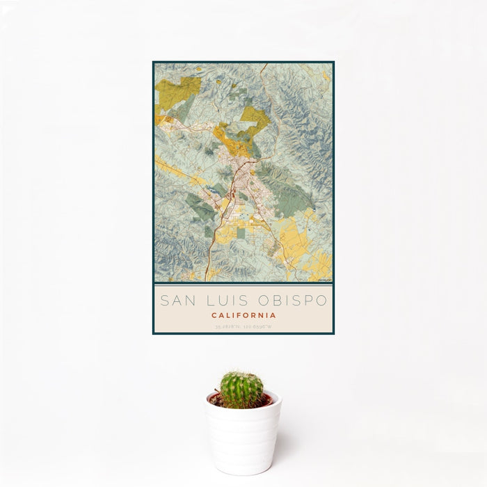 12x18 San Luis Obispo California Map Print Portrait Orientation in Woodblock Style With Small Cactus Plant in White Planter