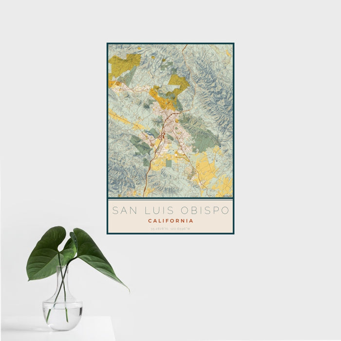 16x24 San Luis Obispo California Map Print Portrait Orientation in Woodblock Style With Tropical Plant Leaves in Water