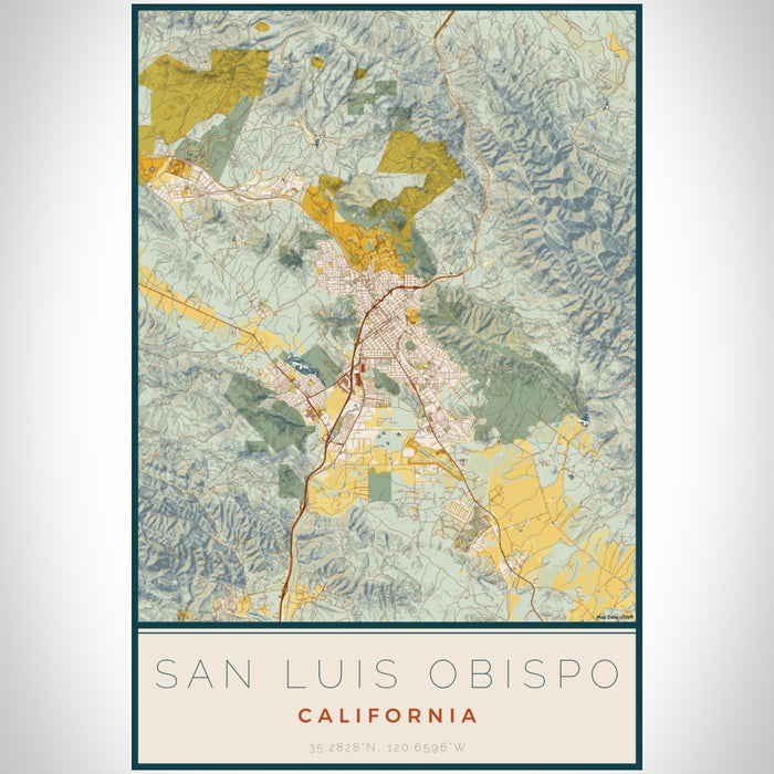 San Luis Obispo California Map Print Portrait Orientation in Woodblock Style With Shaded Background
