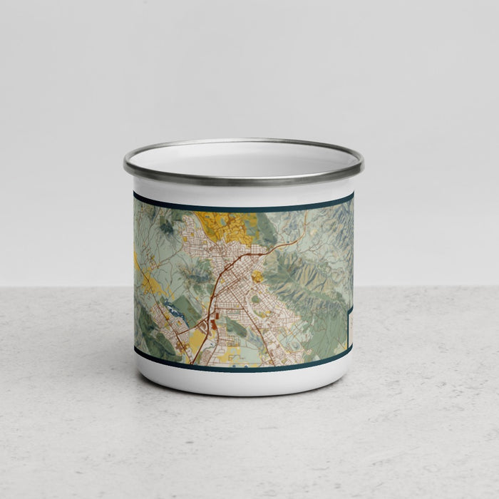 Front View Custom San Luis Obispo California Map Enamel Mug in Woodblock