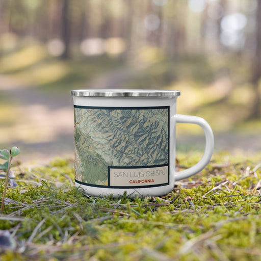Right View Custom San Luis Obispo California Map Enamel Mug in Woodblock on Grass With Trees in Background