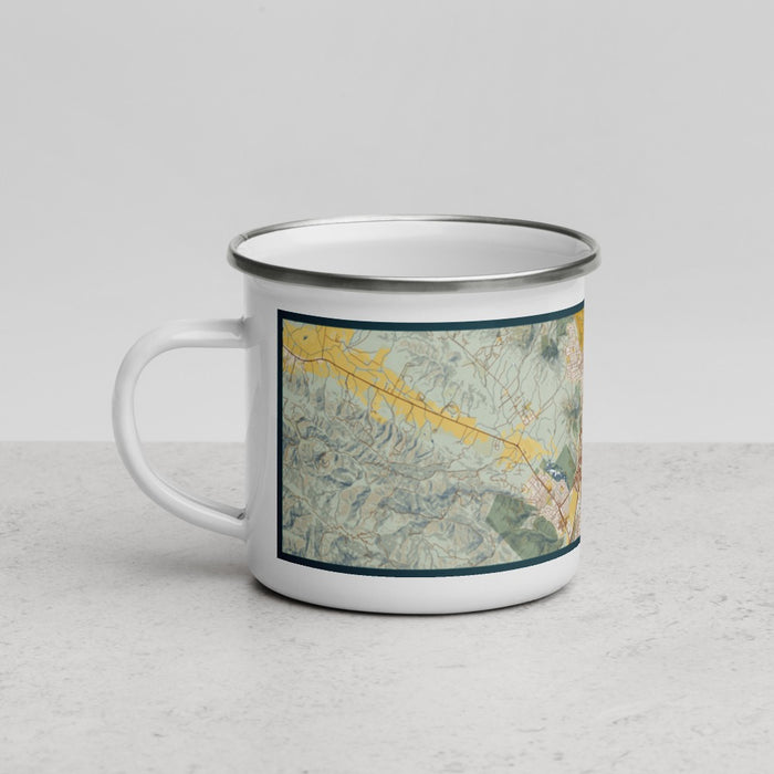 Left View Custom San Luis Obispo California Map Enamel Mug in Woodblock