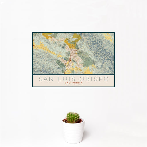 12x18 San Luis Obispo California Map Print Landscape Orientation in Woodblock Style With Small Cactus Plant in White Planter