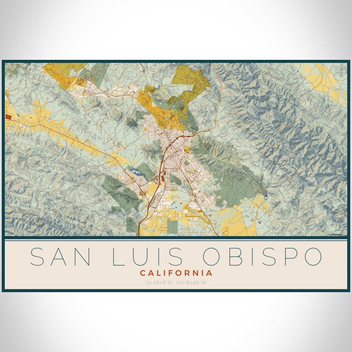 San Luis Obispo California Map Print Landscape Orientation in Woodblock Style With Shaded Background