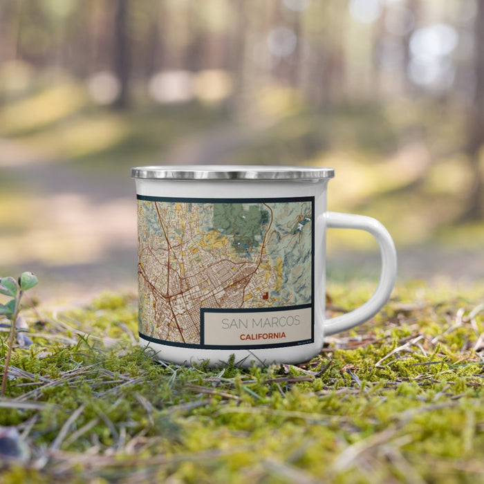 Right View Custom San Marcos California Map Enamel Mug in Woodblock on Grass With Trees in Background