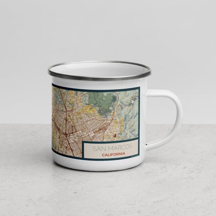 Right View Custom San Marcos California Map Enamel Mug in Woodblock