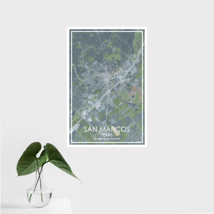 16x24 San Marcos Texas Map Print Portrait Orientation in Afternoon Style With Tropical Plant Leaves in Water