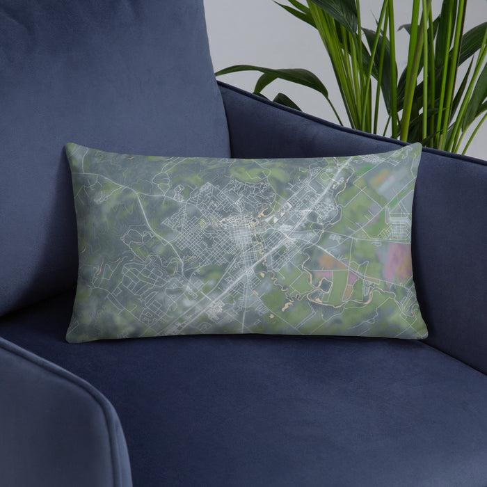 Custom San Marcos Texas Map Throw Pillow in Afternoon on Blue Colored Chair
