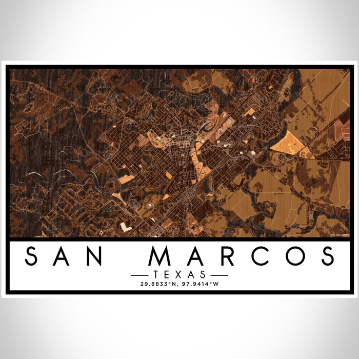 San Marcos Texas Map Print Landscape Orientation in Ember Style With Shaded Background