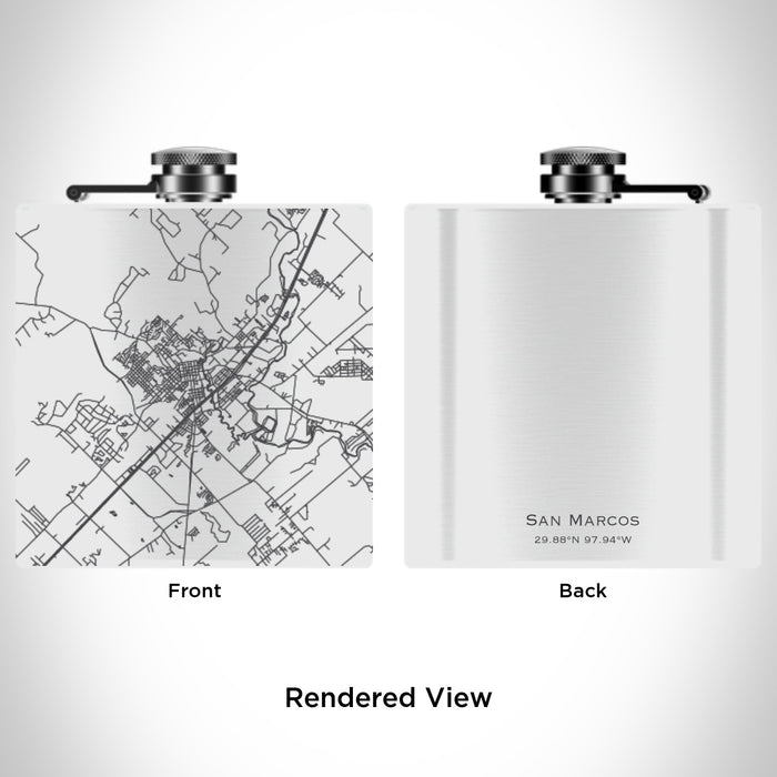 Rendered View of San Marcos Texas Map Engraving on 6oz Stainless Steel Flask in White