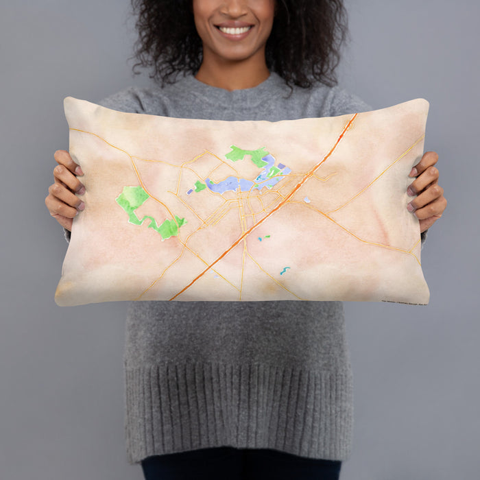 Person holding 20x12 Custom San Marcos Texas Map Throw Pillow in Watercolor