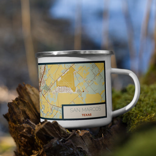 Right View Custom San Marcos Texas Map Enamel Mug in Woodblock on Grass With Trees in Background