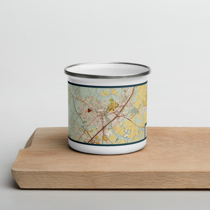 Front View Custom San Marcos Texas Map Enamel Mug in Woodblock on Cutting Board
