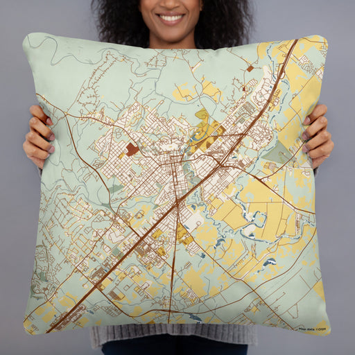 Person holding 22x22 Custom San Marcos Texas Map Throw Pillow in Woodblock