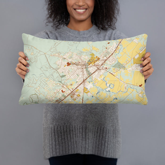 Person holding 20x12 Custom San Marcos Texas Map Throw Pillow in Woodblock