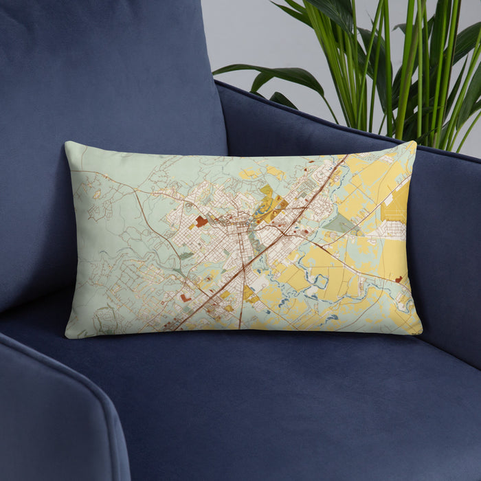 Custom San Marcos Texas Map Throw Pillow in Woodblock on Blue Colored Chair
