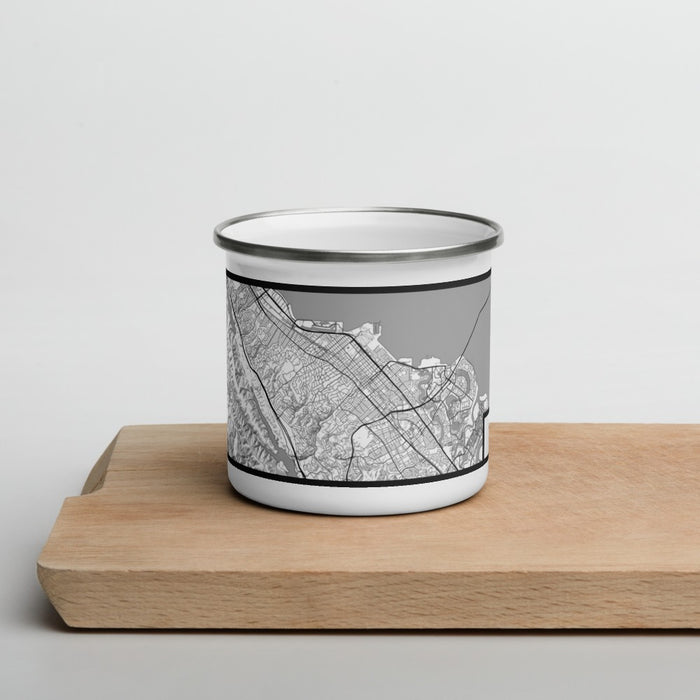 Front View Custom San Mateo California Map Enamel Mug in Classic on Cutting Board