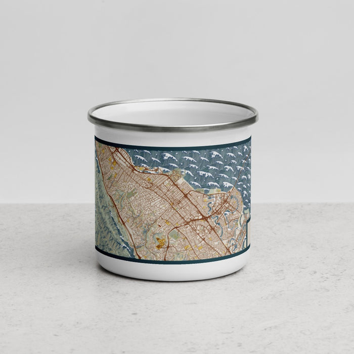 Front View Custom San Mateo California Map Enamel Mug in Woodblock