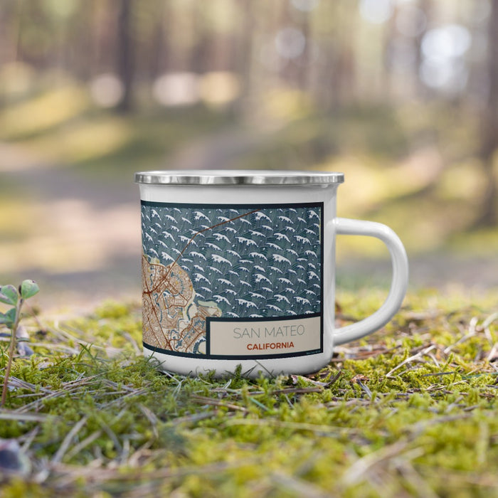 Right View Custom San Mateo California Map Enamel Mug in Woodblock on Grass With Trees in Background