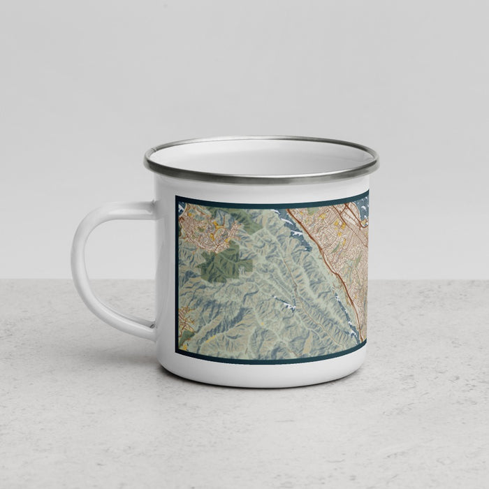 Left View Custom San Mateo California Map Enamel Mug in Woodblock