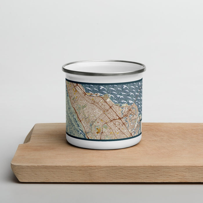 Front View Custom San Mateo California Map Enamel Mug in Woodblock on Cutting Board