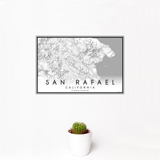 12x18 San Rafael California Map Print Landscape Orientation in Classic Style With Small Cactus Plant in White Planter