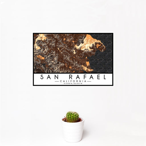 12x18 San Rafael California Map Print Landscape Orientation in Ember Style With Small Cactus Plant in White Planter