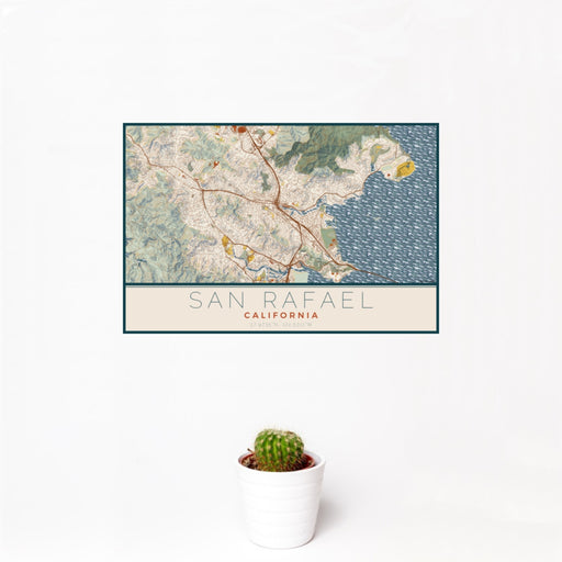 12x18 San Rafael California Map Print Landscape Orientation in Woodblock Style With Small Cactus Plant in White Planter