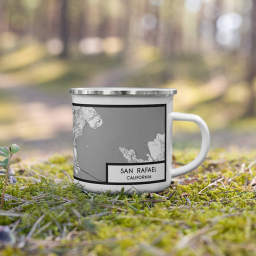 Right View Custom San Rafael California Map Enamel Mug in Classic on Grass With Trees in Background