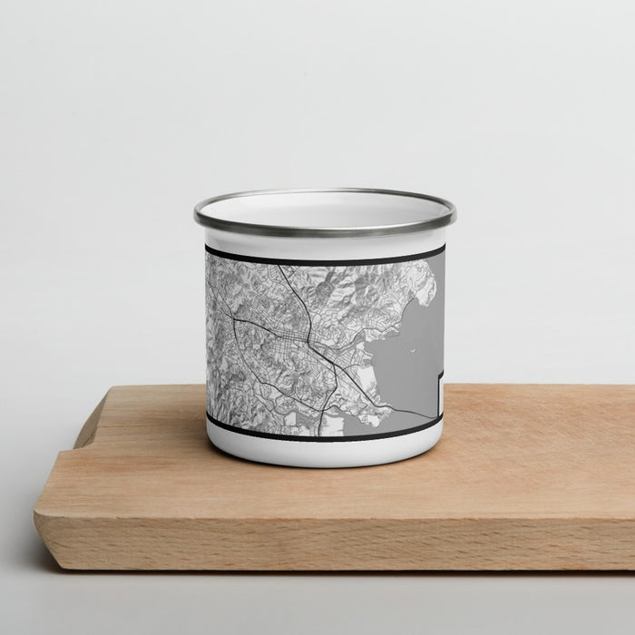 Front View Custom San Rafael California Map Enamel Mug in Classic on Cutting Board