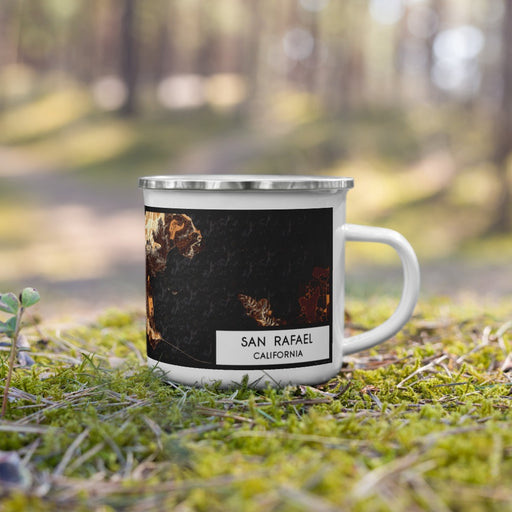 Right View Custom San Rafael California Map Enamel Mug in Ember on Grass With Trees in Background