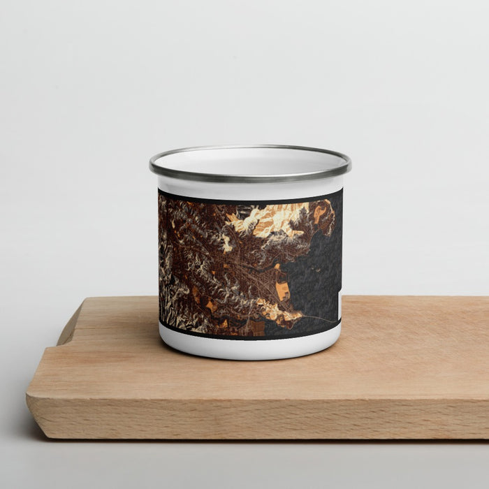 Front View Custom San Rafael California Map Enamel Mug in Ember on Cutting Board