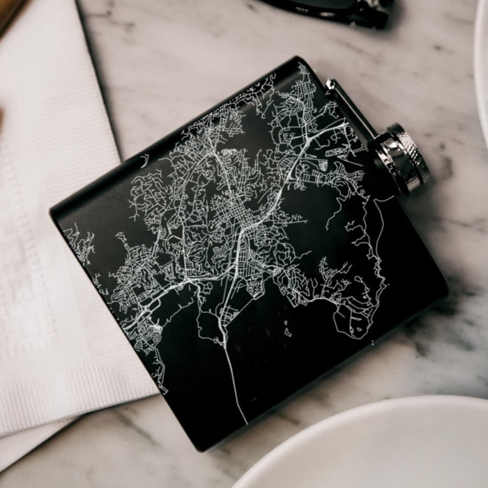 San Rafael California Custom Engraved City Map Inscription Coordinates on 6oz Stainless Steel Flask in Black