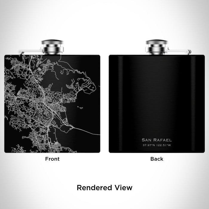 Rendered View of San Rafael California Map Engraving on 6oz Stainless Steel Flask in Black