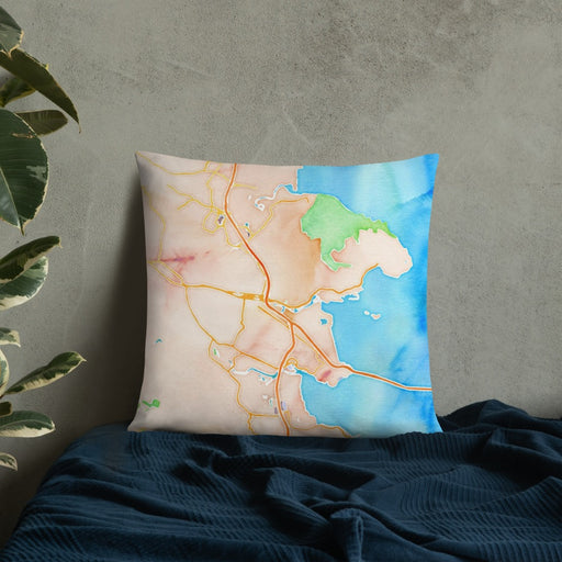 Custom San Rafael California Map Throw Pillow in Watercolor on Bedding Against Wall
